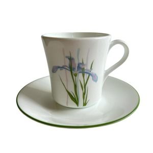 Corning Corelle Tea Cup Saucer Shadow Iris with Green trim Vitrelle Glass